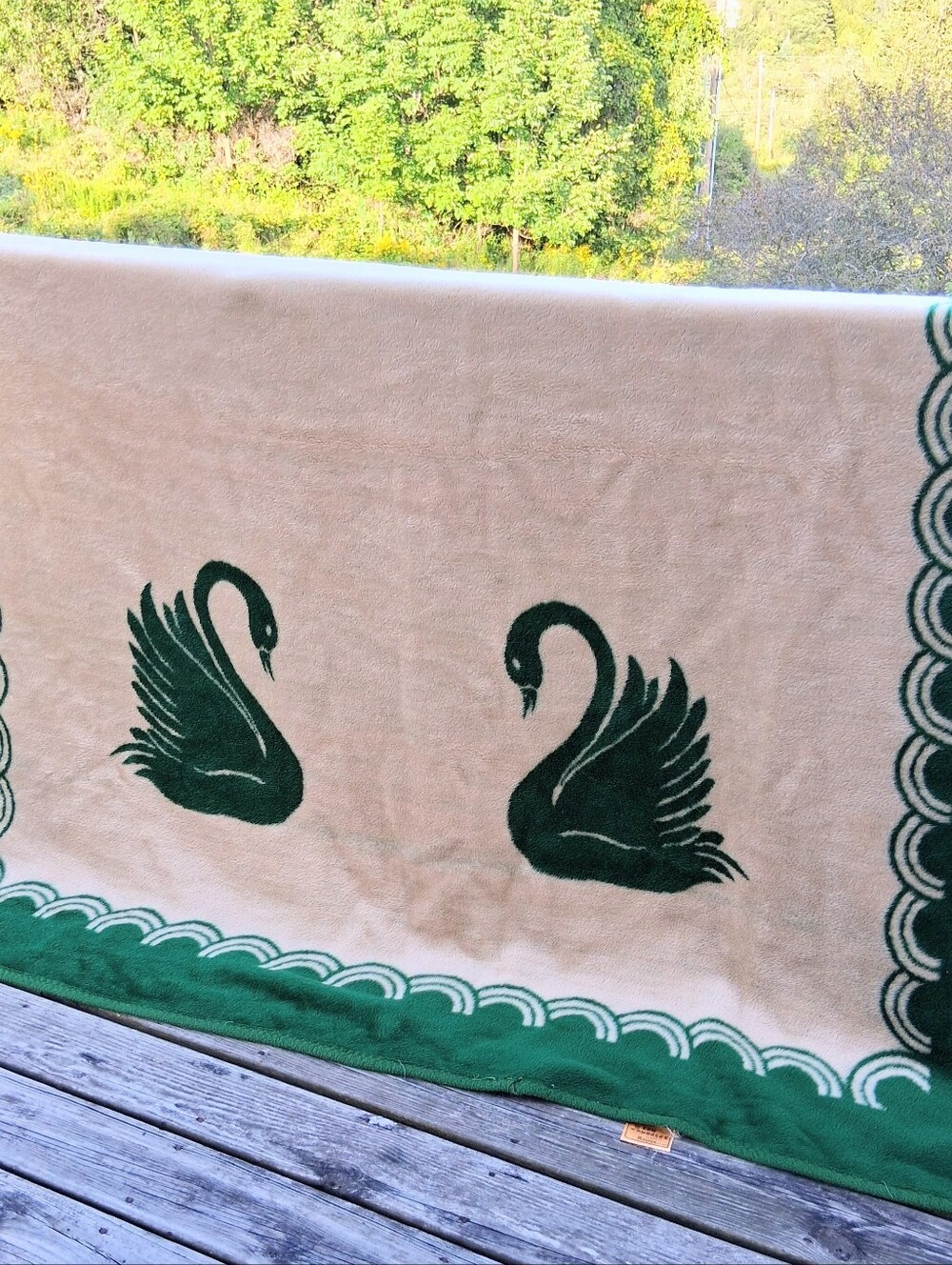 San Marcos 82" X 80" Green and Tan Swan Mexican Cobijia Buttery Soft Blanket - Picture 12 of 13